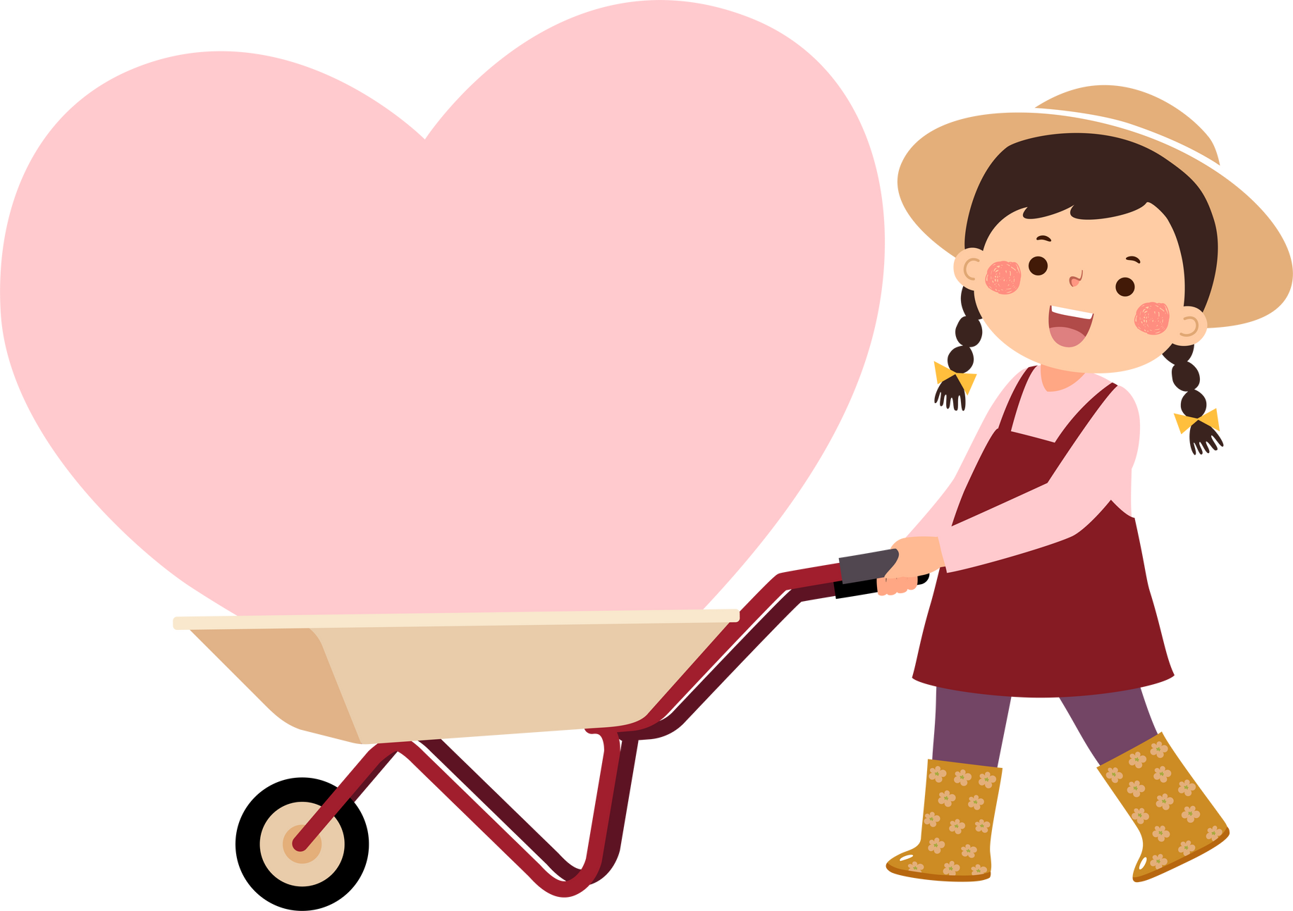 Cartoon little girl pushing wheelbarrow with pink big heart. Valentines Day concept.