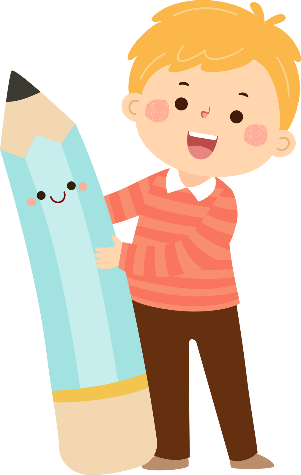 Cartoon little student boy with big pencil.