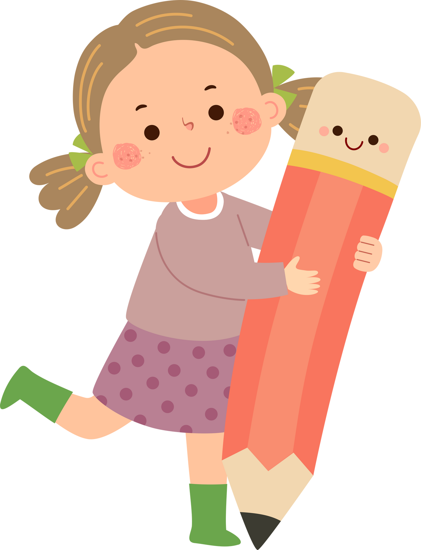 Cartoon little student girl holding big pencil.